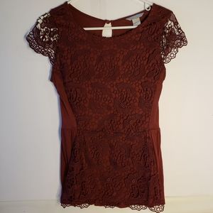 H&M Burgundy Blouse Top Embroidered Sz S